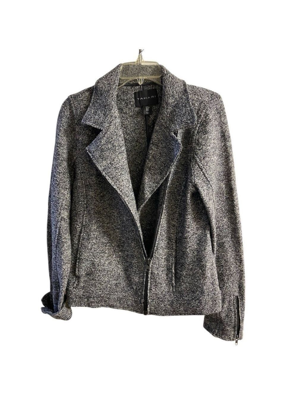 Tahari Wool Blend Moto Jacket Heather Grey Zip Front Medium NWT
